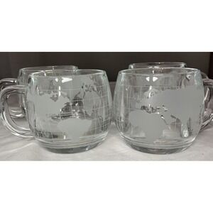 4 Vintage 1970s Nestle Nescafe World Globe Map Etched Clear Glass Coffee Mugs